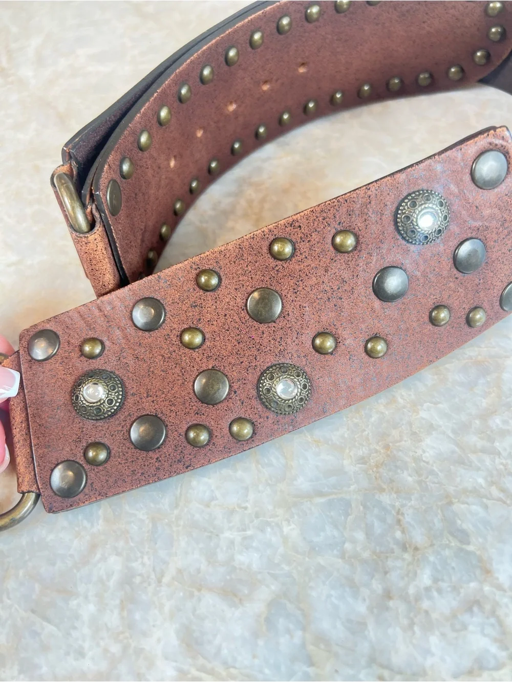 Nanny (Made in Italy) Brown Studded Leather Belt with Antique Brass Buckle